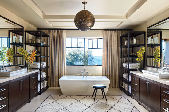 large white and black rug in modern bathroom