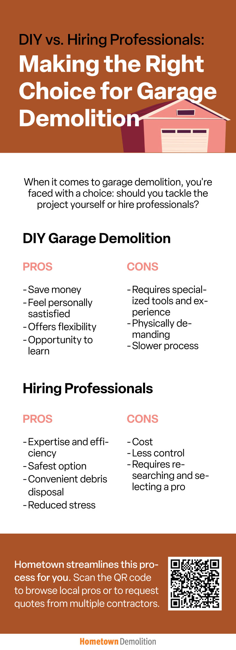 DIY vs hiring professionals for garage demolition infographic