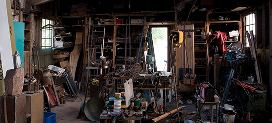 cluttered and unorganized shed