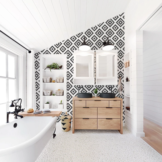 black and white modern wallpaper in bathroom